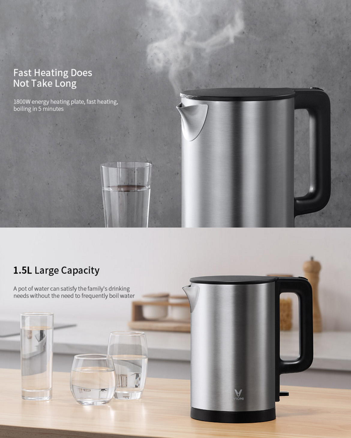 VIOMI YM-K1506 1.5L 1800W Electric Kettle Thermostat Anti-scalding Home 304 Stainless Steel Water Kettle From Xiaomi Youpin
