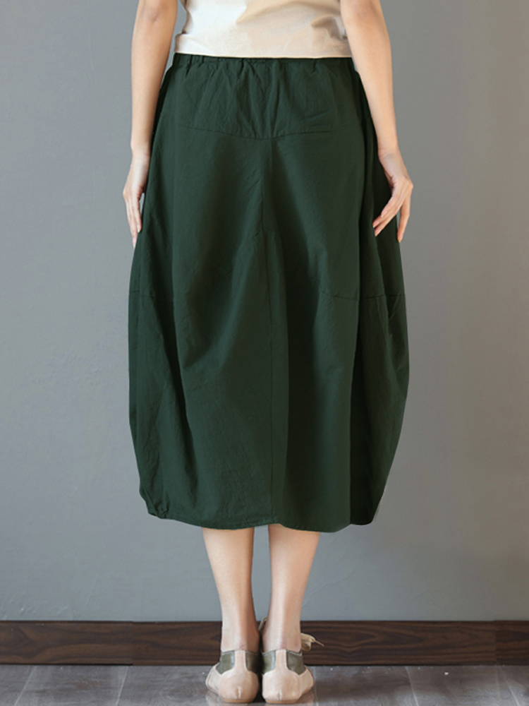 Women Elastic High Waist Basic Cotton Midi Skirts