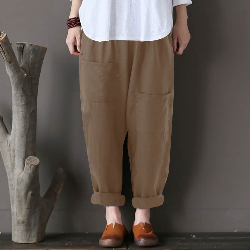 Women Pure Color Pocket Elastic Waist Baggy Pants