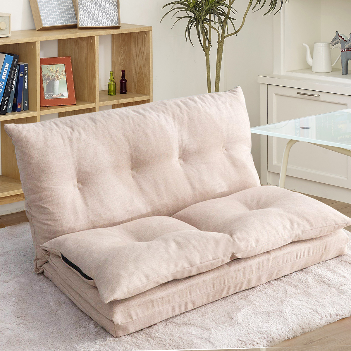 Adjustable Fabric Folding Chaise Lounge Sofa Chair Floor Couch Sleeper Recliner For Living Room Lazy Beige