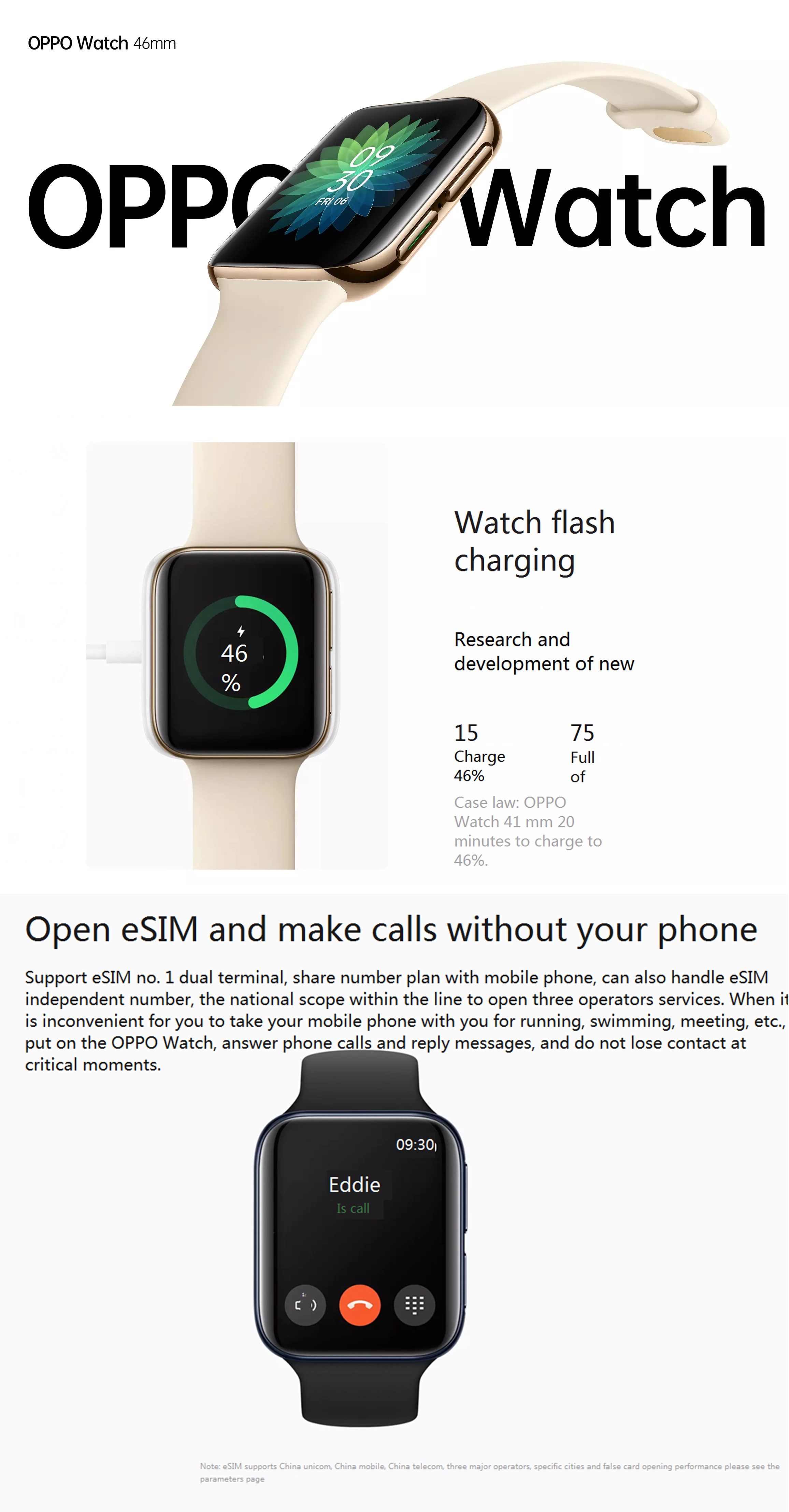 OPPO Assista 46mm 326 PPI AMOLED Display Curvo Relógio Inteligente eSIM Watch VOOC Carregador Rápido 21 Dias Relógio de Espera