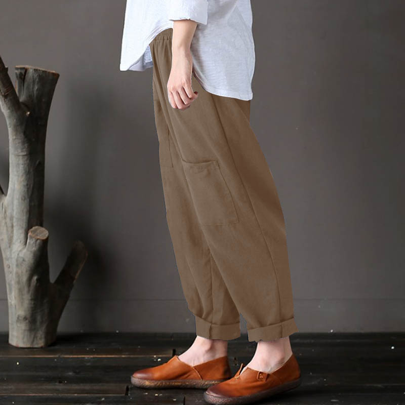 Women Pure Color Pocket Elastic Waist Baggy Pants