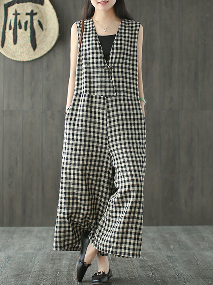 Women Vintage Sleeveless V-neck Plaid Wide Leg Jumpsuit