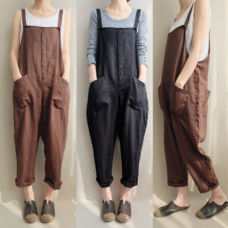Casual Women Solid Color Strappy Pocket Loose Harem Jumpsuit
