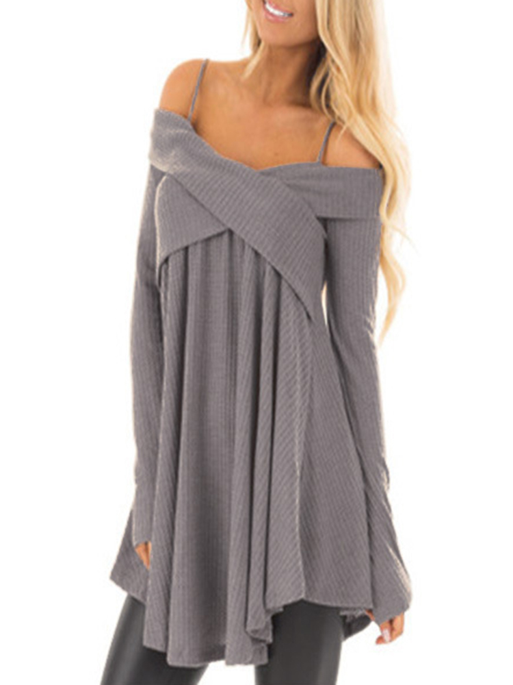 Sexy Off Shoulder Irregular Hem Women Knit Sweaters