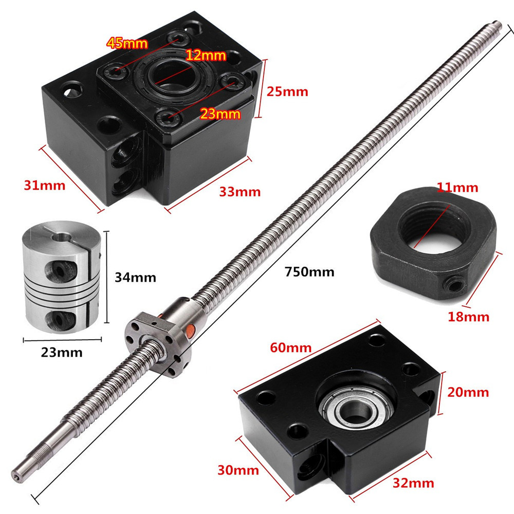 750mm SFU1605 Ball Screw with BK12 BF12 Supports and 6.35x10mm Coupler for CNC