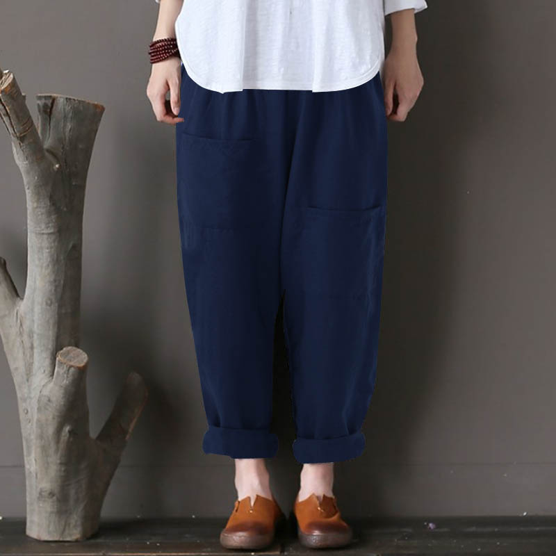 Women Pure Color Pocket Elastic Waist Baggy Pants
