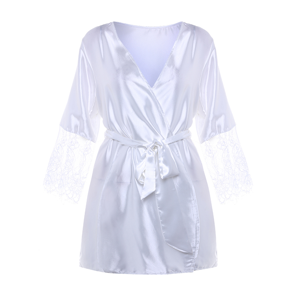 1TopShop Sexy Three Quarter Sleeve Lace Stitching V-Neck Belt Bathrobe Sleepwear
