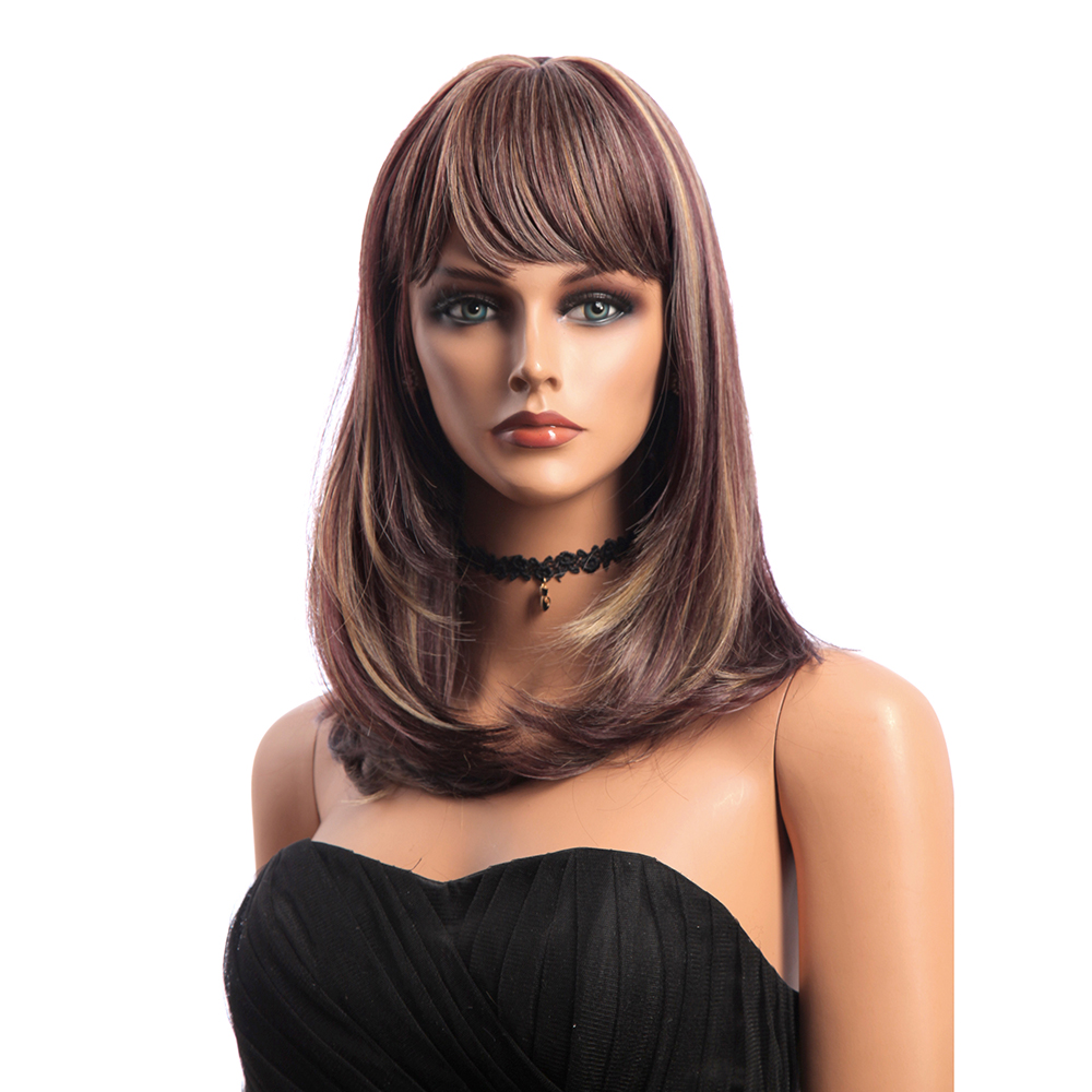 16 Inch Medium Long Natural Straight Sintético Cabelo Perucas Kanekalon Full Bang