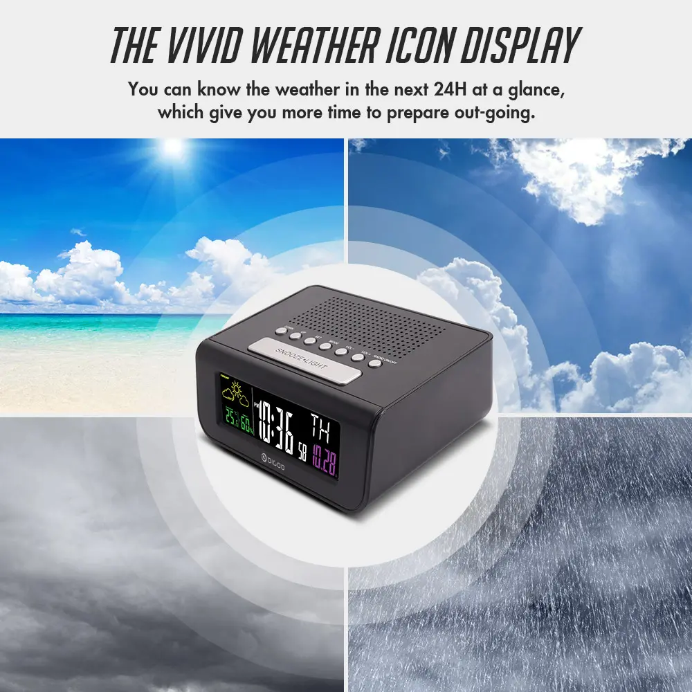 Digoo DG-FR100 SmartSet Réveil Numérique sans Fil Prévisions Météo Sommeil avec Radio FM Horloge