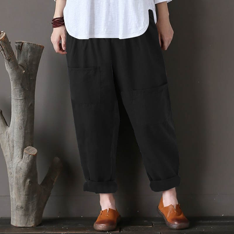 Women Pure Color Pocket Elastic Waist Baggy Pants