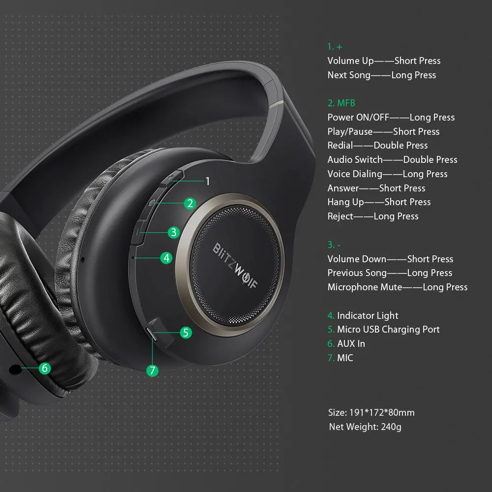 Blitzwolf® BW-HP0 Kablosuz Bluetooth Kulaklık Mic ile Taşınabilir Katlanabilir Aşırı kulak Stereo Müzik Spor Kulaklık