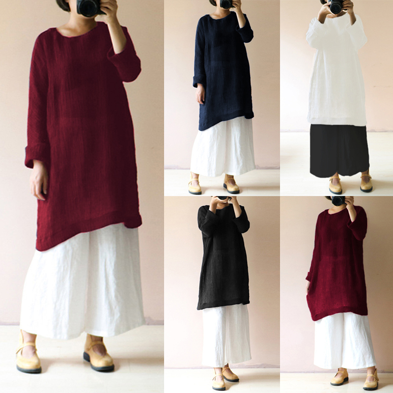 Celmia Women Vintage Cotton Linen Long Sleeve Loose Blouse