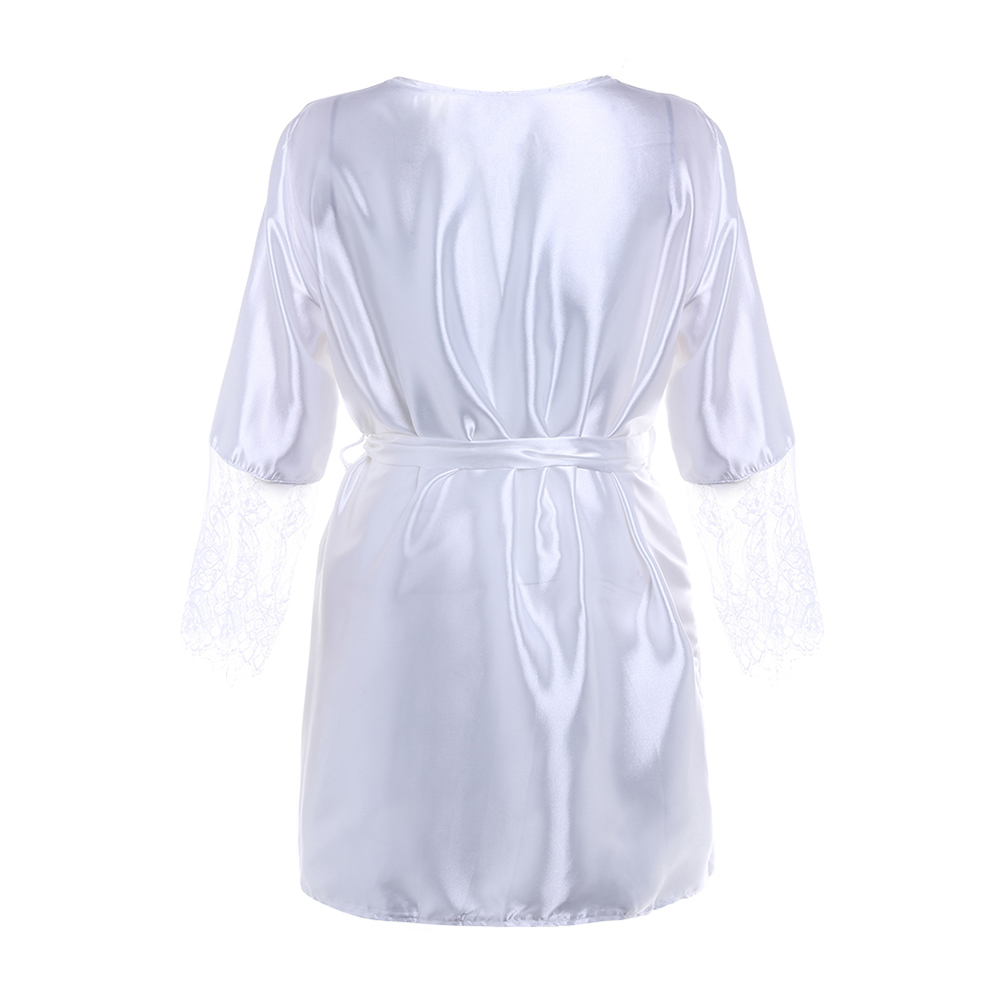 1TopShop Sexy Three Quarter Sleeve Lace Stitching V-Neck Belt Bathrobe Sleepwear
