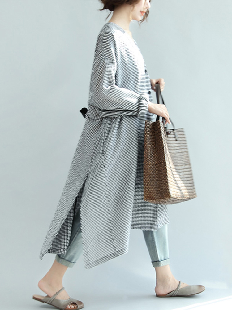 Women Check V Neck Button Down Long Shirt Dress
