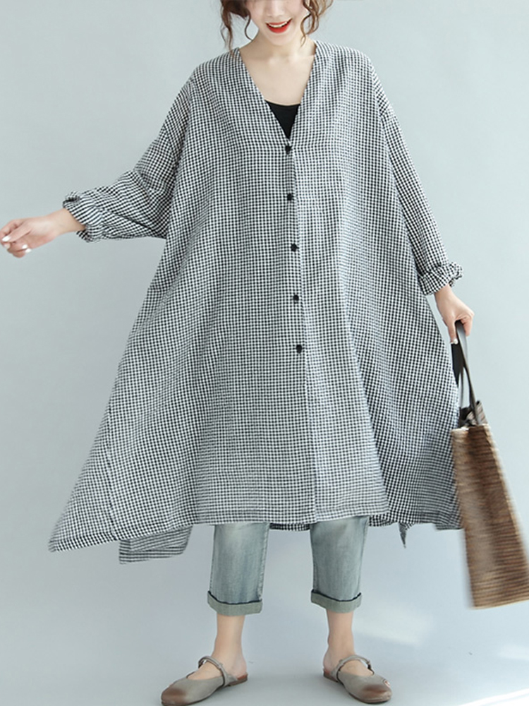 Women Check V Neck Button Down Long Shirt Dress