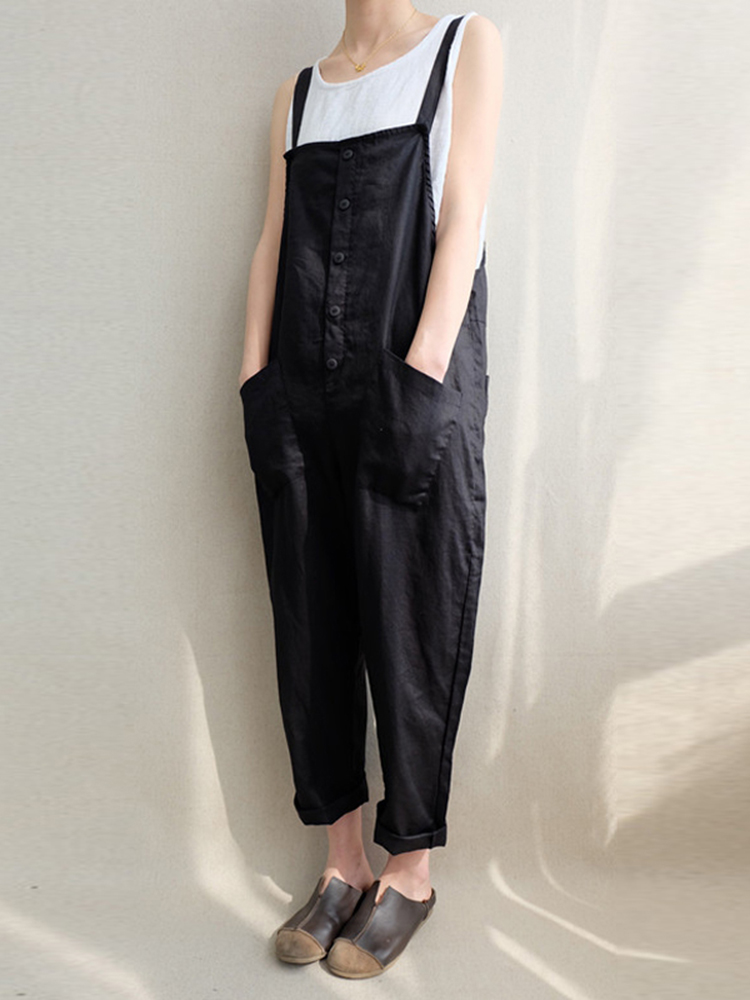 Casual Women Solid Color Strappy Pocket Loose Harem Jumpsuit