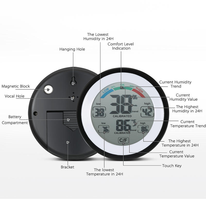 DANIU Multifunctional Digital Thermometer Hygrometer Temperature Humidity Meter Max Min Value Trend Display ℃/℉ Touch Screen