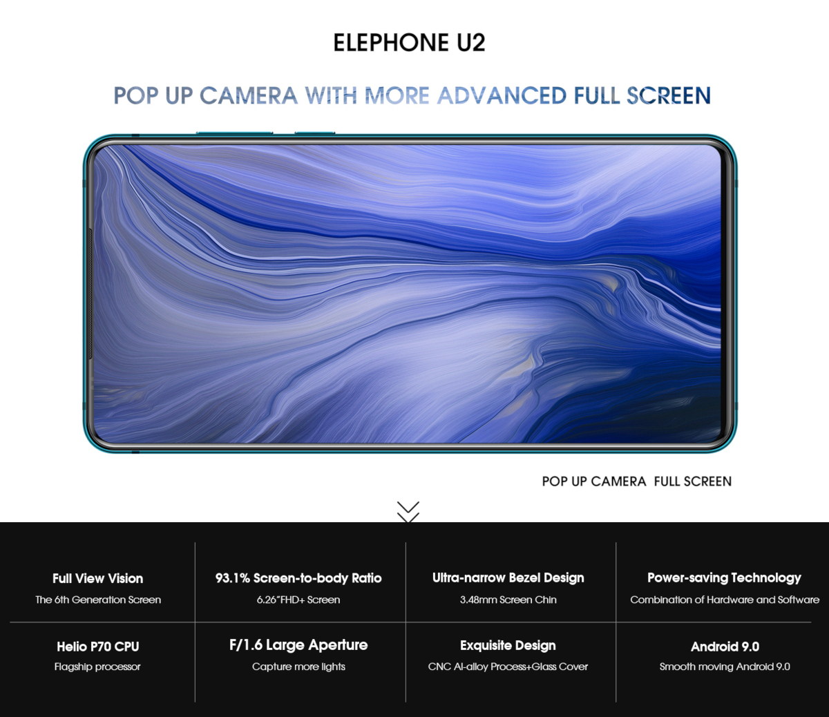 Elephone U2,full screen,Helio P70,octa core,pop up camera