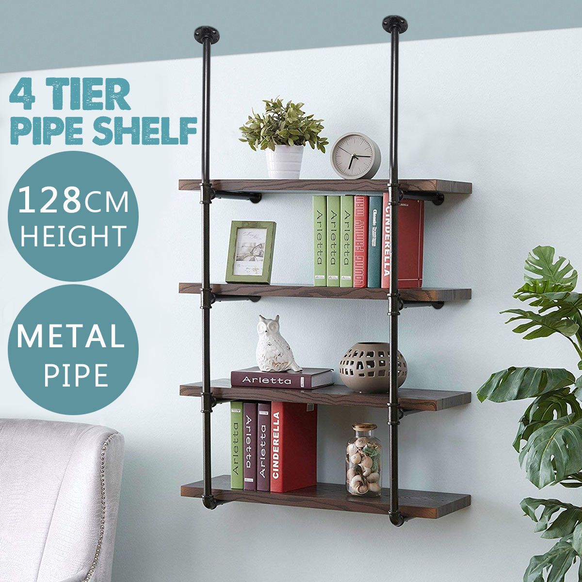 4 Tier Industrial Retro Wall Mount Iron Pipe Shelf Bracket Storage