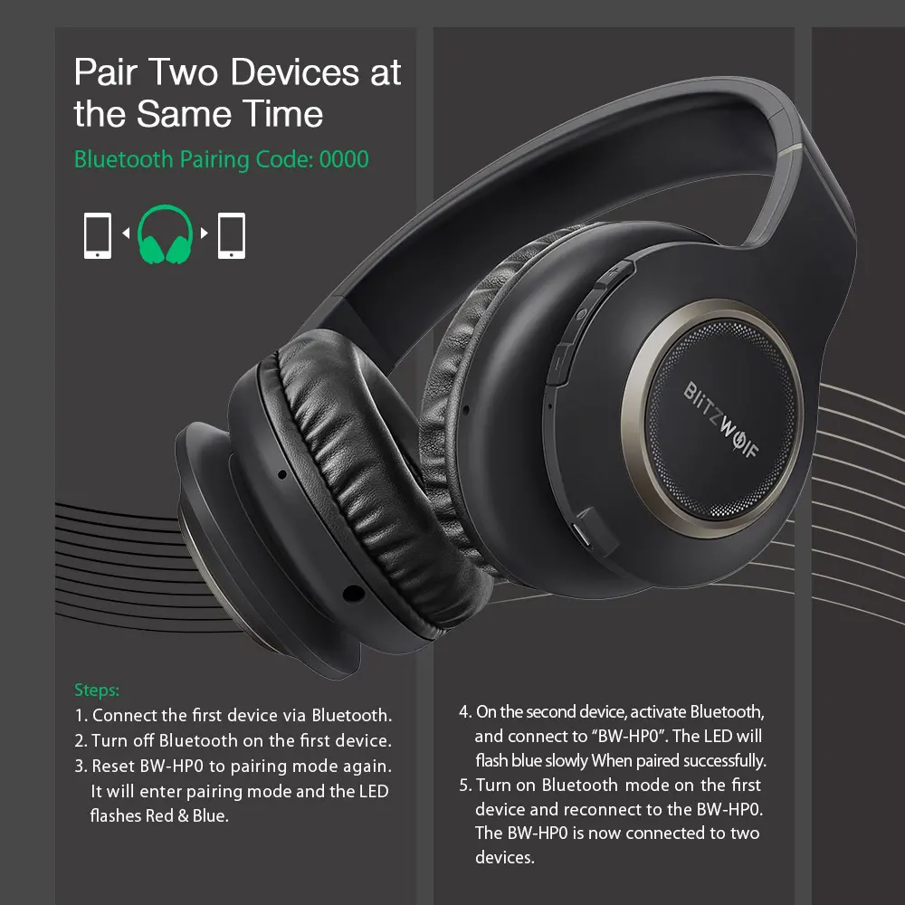 Blitzwolf® BW-HP0 Kablosuz Bluetooth Kulaklık Mic ile Taşınabilir Katlanabilir Aşırı kulak Stereo Müzik Spor Kulaklık