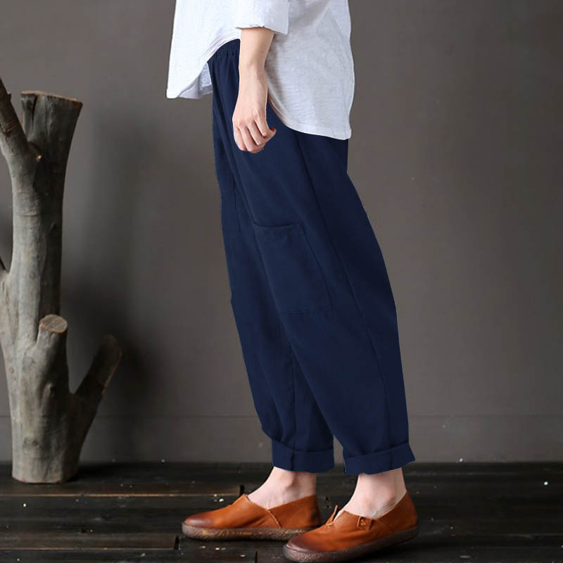 Women Pure Color Pocket Elastic Waist Baggy Pants