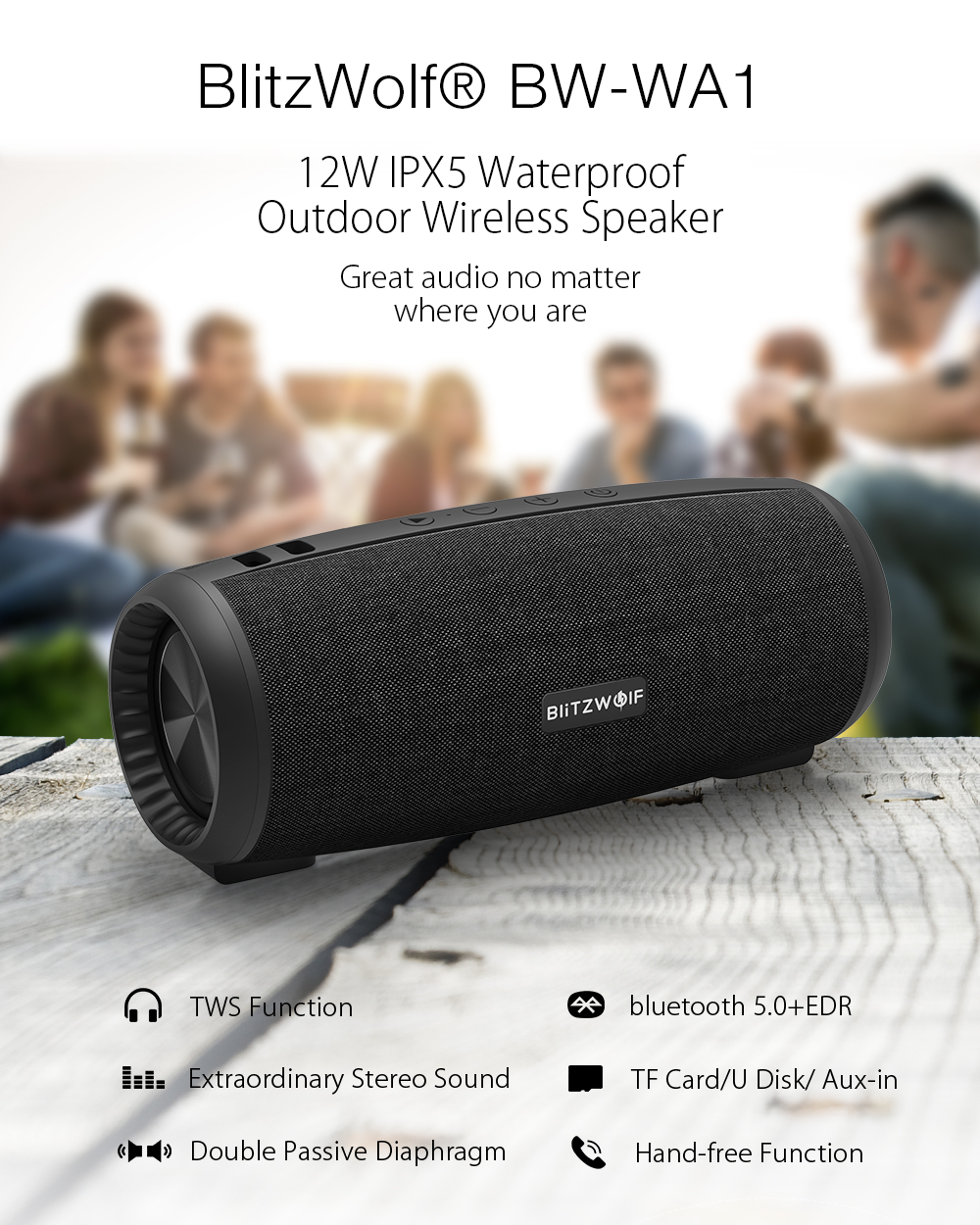 BlitzWolf® BW-WA1 12 W Kablosuz bluetooth 5.0 Hoparlör Çift Pasif Diyafram TWS Mic ile Stereo TF Kart U Disk Hoparlör