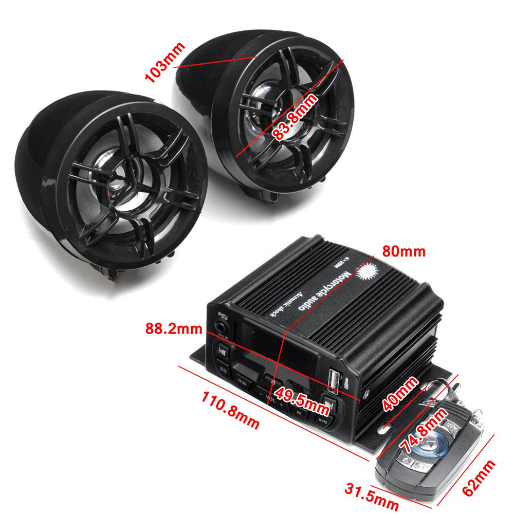12V Motorcycle Audio Sound System Remote Control Speaker Suit FM SD USB MP3