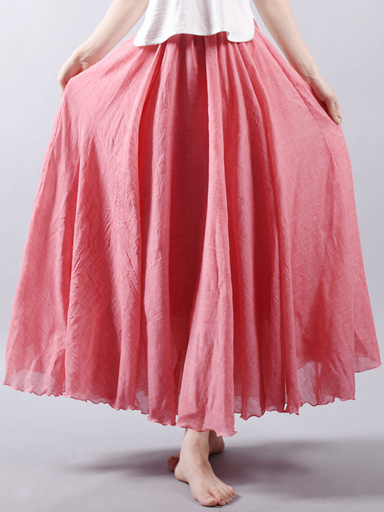 Women Casual Loose Cotton Pure Color Skirts