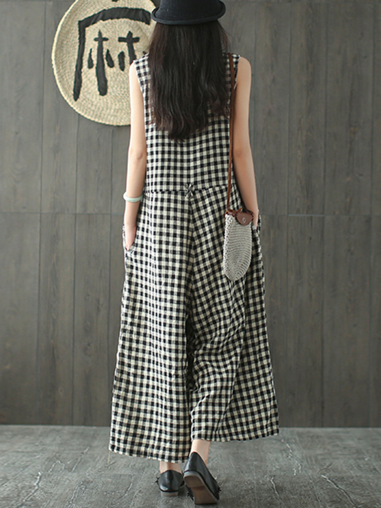 Women Vintage Sleeveless V-neck Plaid Wide Leg Jumpsuit