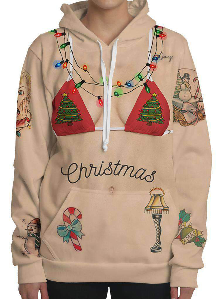 Christmas Cartoon Print Long Sleeve Hooded Sweatshirts with Pocket