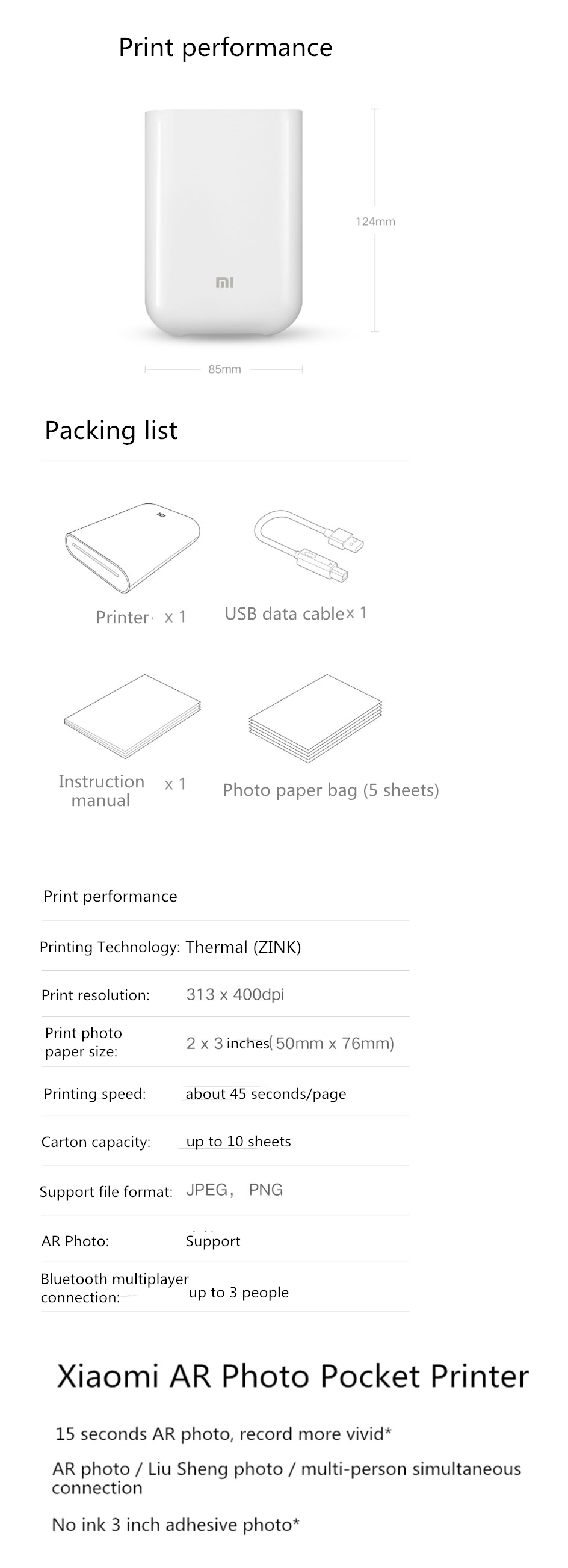 XIAOMI Pocket Photo Printer 3 Connexion 300dpi AR ZINK Mini-imprimante photo sans encre Connexion Bluetooth