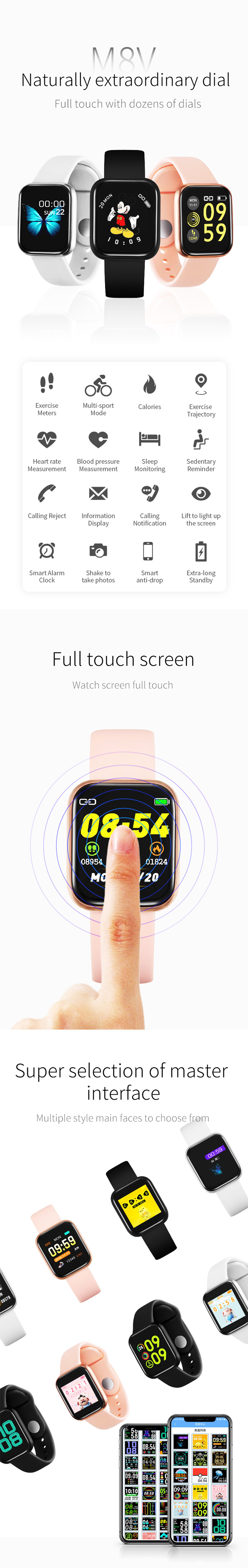 Bakeey M8V Full Touch Screen Cuore Monitoraggio della pressione sanguigna Ossigeno UI divertente Display Smart Watch
