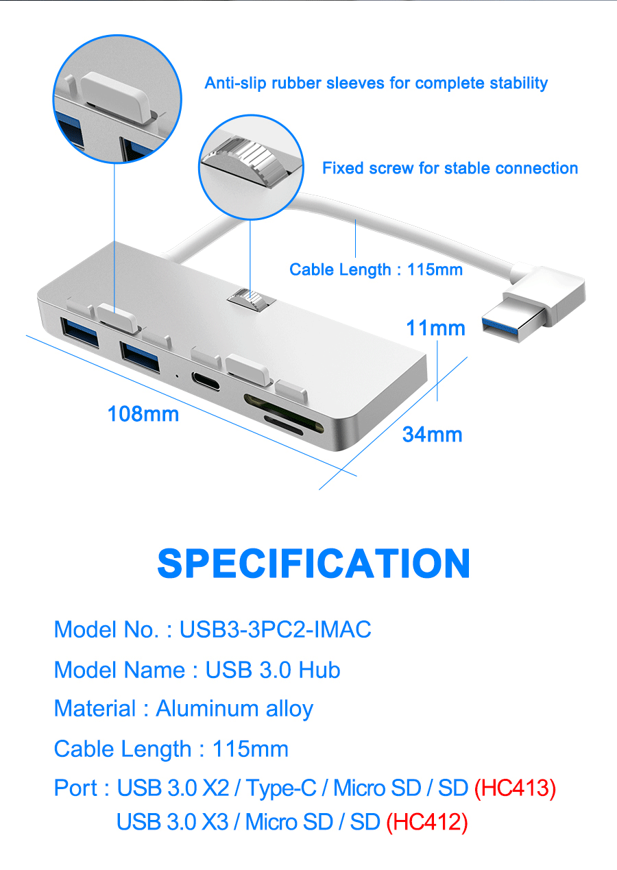 Rocketek HC413 Hub USB 3.0 in alluminio Type-C Hub TF / SD Card Reader Adattatore USB per telefono IMAC fotografica Printer U Disk