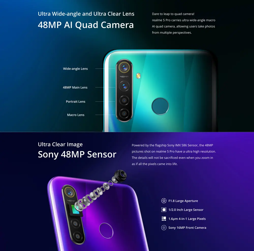 Realme 5 Pro Versão da UE 6.3 polegadas FHD + 4035mAh Android P 48MP AI Câmeras Quad 4GB RAM 128GB ROM Snapdragon 712 Octa Core 2.3GHz 4G Smartphone
