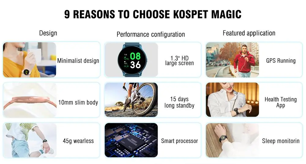 Kospet Magic Super Slim Motion Track Suivi de la pression artérielle O2 Moniteur de sommeil 15 jours veille Montre intelligente