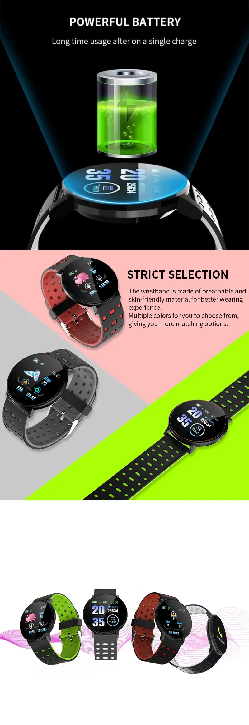 Écran tactile couleur XANES® 119Plus 1,3 pouces IP67 Moniteur de fréquence cardiaque étanche Montre intelligente Caméra à distance Modes de sport multiples Bracelet Tracker de fitness