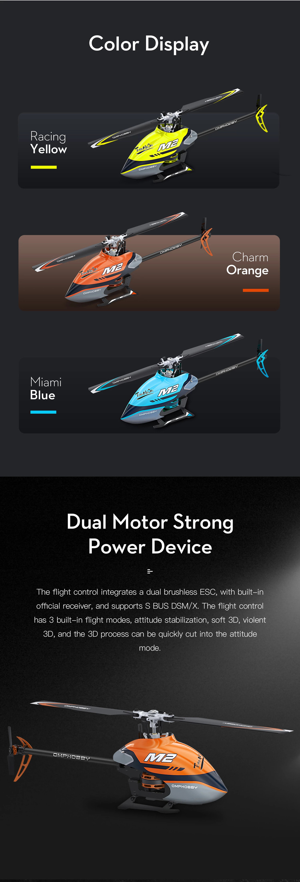 OMPHOBBY M2 6CH 3D Flybarless Dual Brushless Motor Direct-Drive RC Helicopter BNF With 4 IN 1 Flight Controller