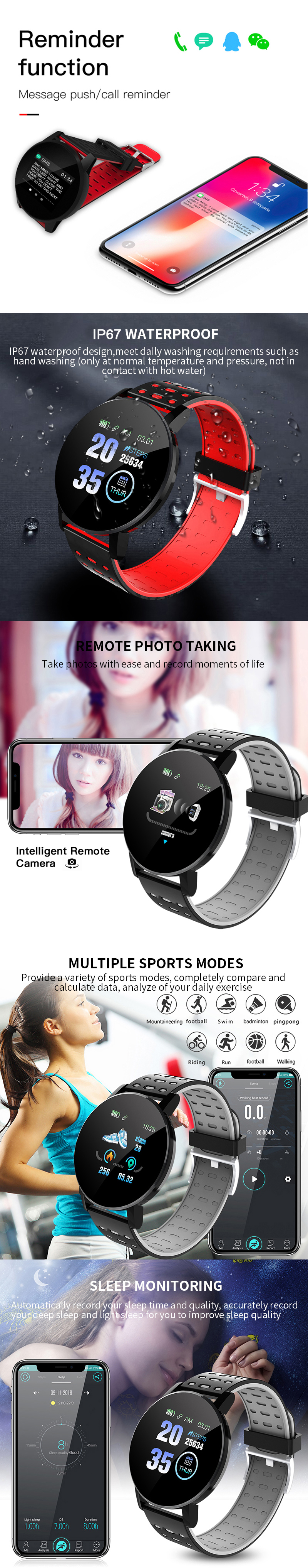 Écran tactile couleur XANES® 119Plus 1,3 pouces IP67 Moniteur de fréquence cardiaque étanche Montre intelligente Caméra à distance Modes de sport multiples Bracelet Tracker de fitness