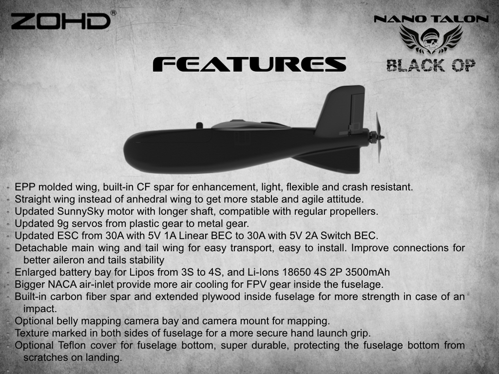ZOHD Nano Talon Black OP 860mm Wingspan AIO V-Tail EPP FPV Wing RC Airplane PNP/With FPV Ready Limited Edition