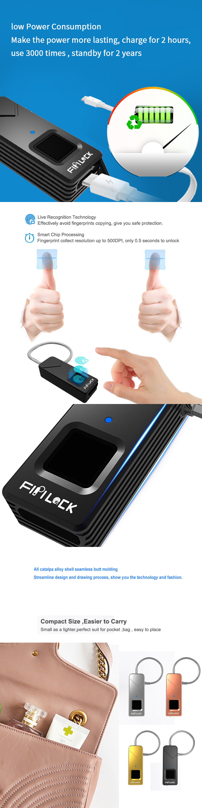 Fipilock FL-S2 Smart Lock Keyless Fingerprint Lock IP65 Waterproof Antii-Theft Security Padlock Door Luggage Case
