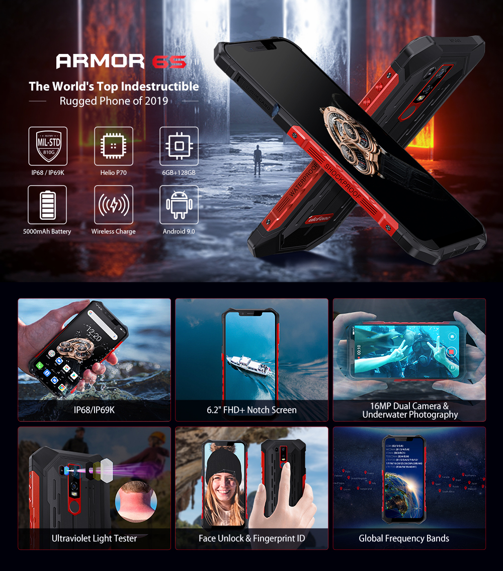 Ulefone Armor 6S,Helio P70 Octa core,6GB RAM 128GB ROM,IP68 IP69K Waterproof