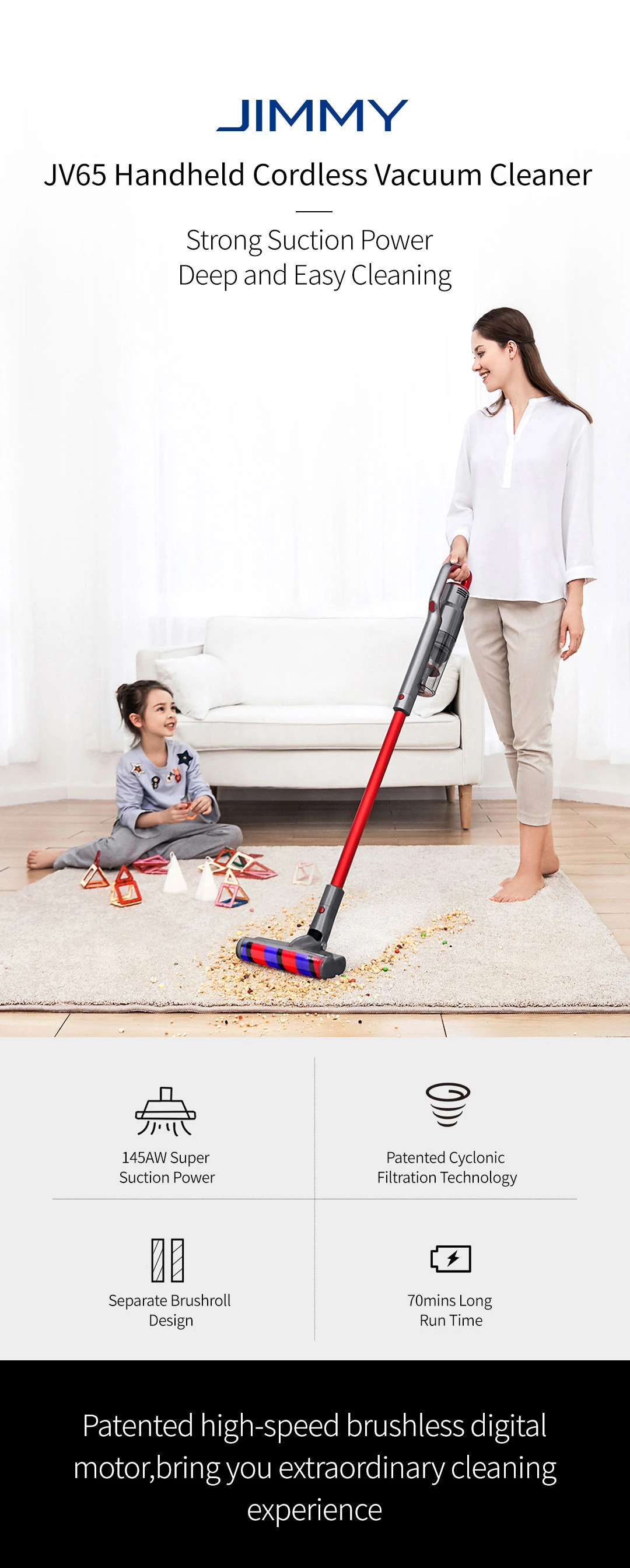 JIMMY JV65 Aspirateur balai sans fil portable 22Kpa Puissance d'aspiration Anti-enroulement Conception de cheveux Collecteur de poussière Moteur numérique 145AW