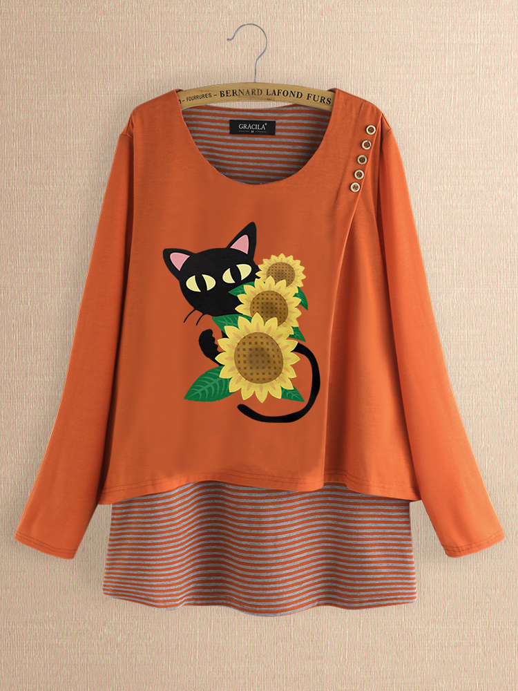 Camicetta a righe con toppe a fiori con stampa casual