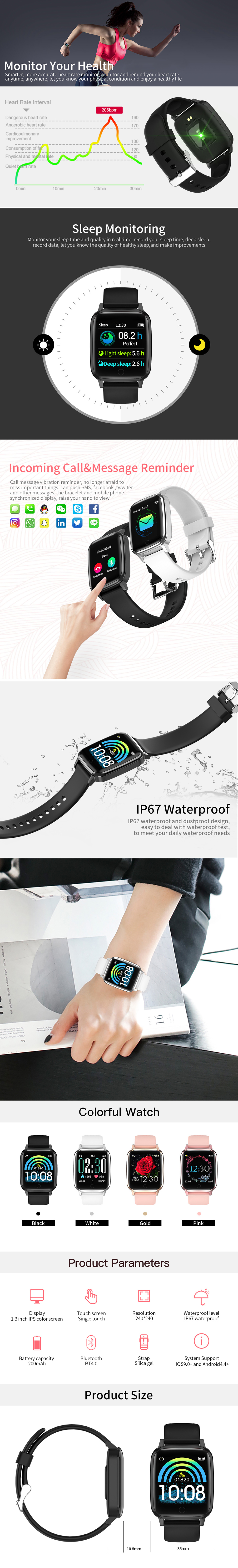 Newwear R1 Moniteur de pression artérielle avec moniteur de fréquence cardiaque, test de physiologie féminine exclusif, 1.3inch Grand écran Smart Watch