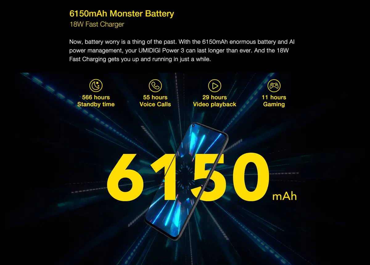 UMIDIGI Power 3 Global Bands 6.53 inch FHD+ Fullview Display Android 10 6150mAh NFC 48MP AI Quad Cameras 4GB RAM 64GB ROM Helio P60 Octa Core 2GHz 4G Smartphone