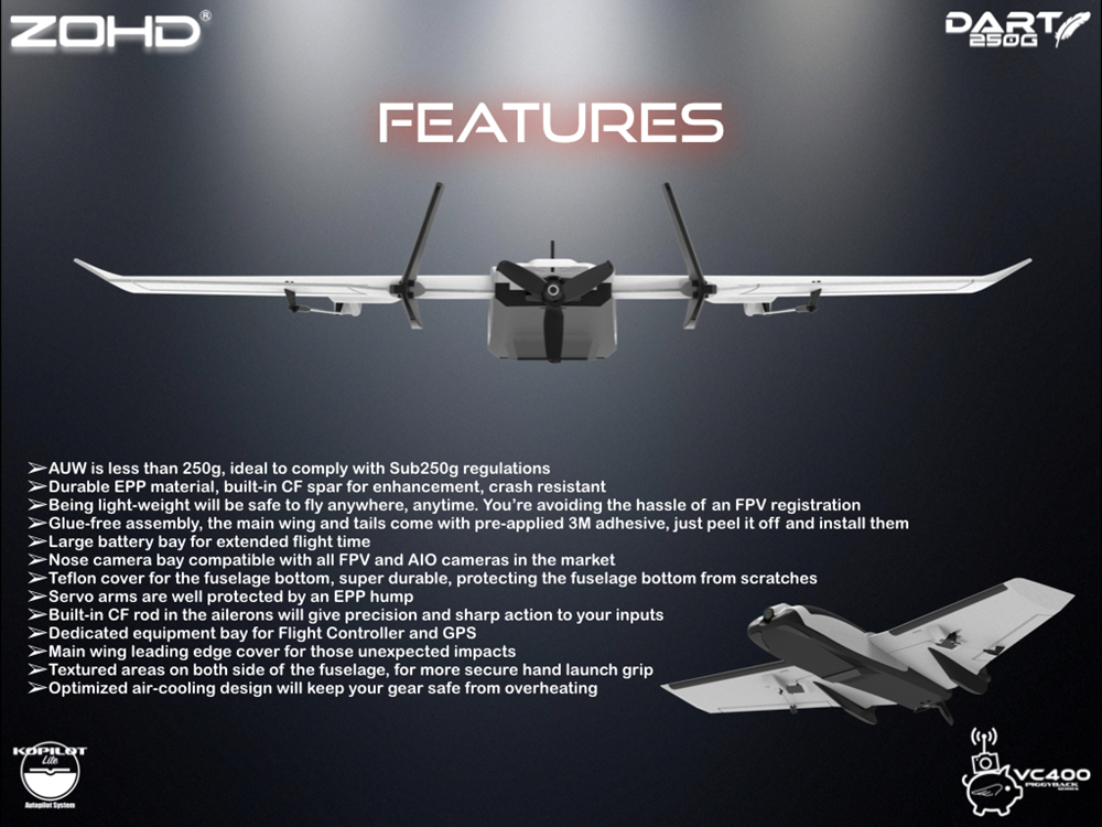 ZOHD Dart250G 570mm Wingspan Sub-250 grams Sweep Forward Wing AIO EPP FPV RC Airplane KIT/PNP W/FPV Ready Version