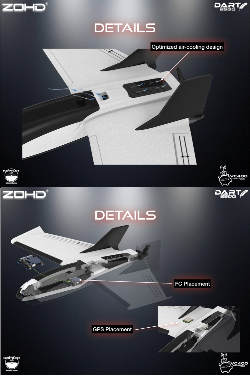 ZOHD Dart250G 570mm Wingspan Sub-250 grams Sweep Forward Wing AIO EPP FPV RC Airplane KIT/PNP W/FPV Ready Version