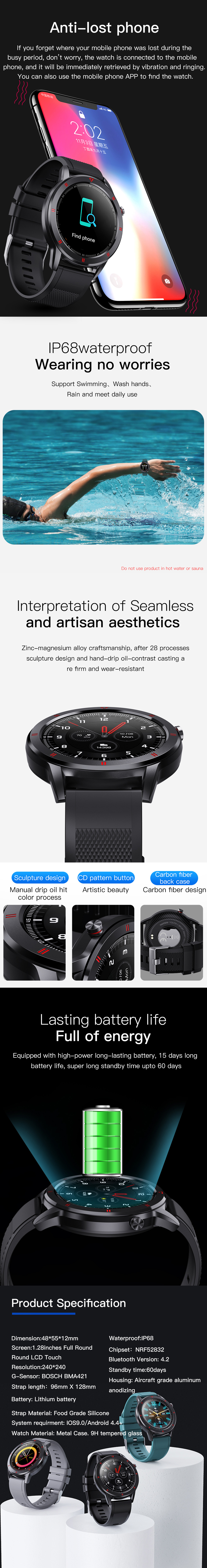 Time Owner Youth1 1,28 pouces écran tactile rond complet moniteur de santé prévisions météo musique BT4.2 montre intelligente