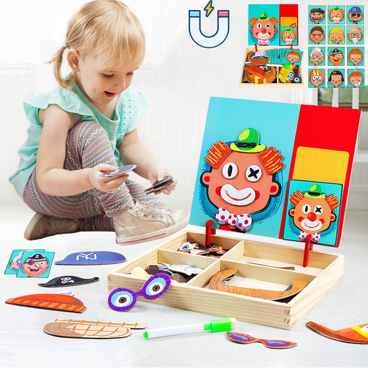 Jogo de quebra-cabeça magnético 3D de madeira Animais dos desenhos animados Jigsaw Puzzle Dressup Caixa Crianças Brinquedos de desenvolvimento educacional Presentes para crianças Estudantes